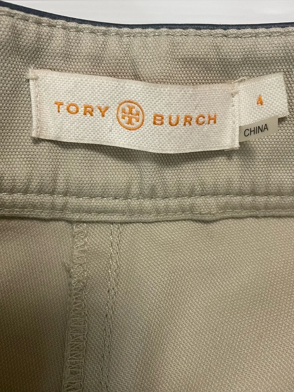 Tory Burch Women's Joss Safari Pants Khaki W/ Navy Leather Waistband Size 4